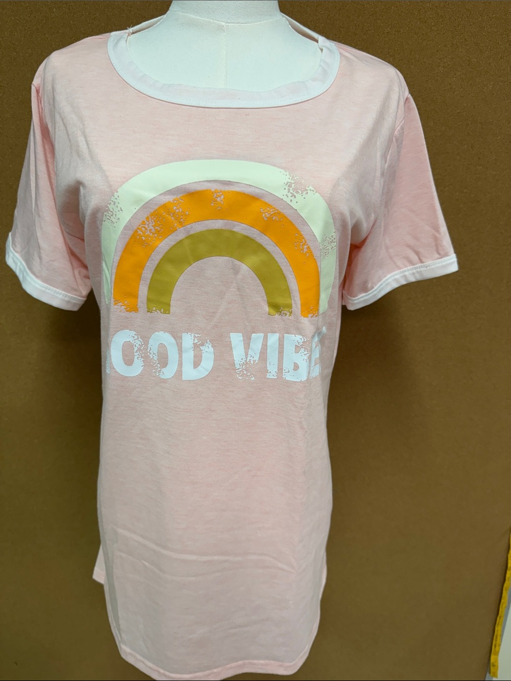 Womens Pink 'Good Vibes' Rainbow Tee - small NEW